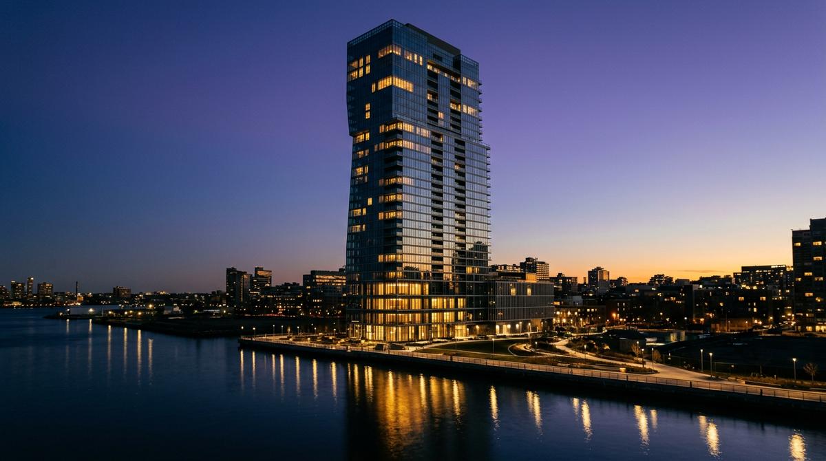 Elevation Residences tower at dusk — 42 stories of glass and steel against the waterfront sky