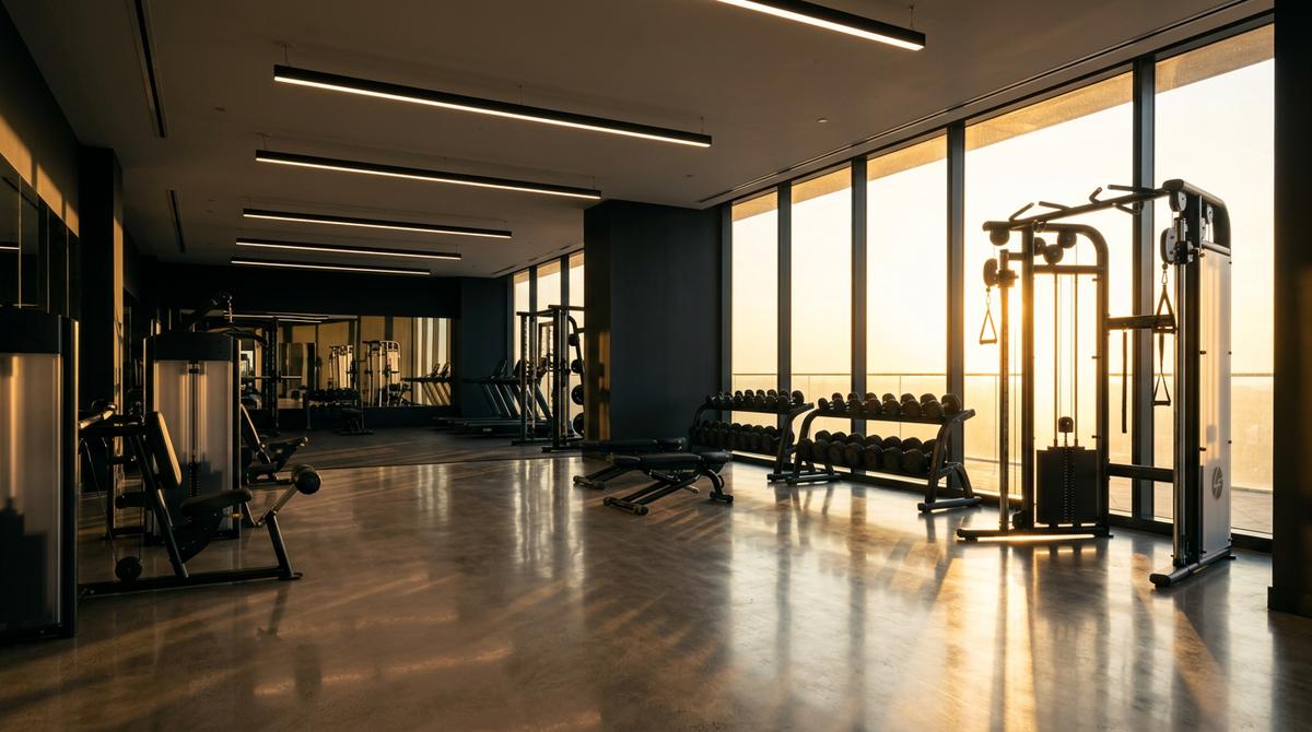 Performance gym with floor-to-ceiling east-facing windows