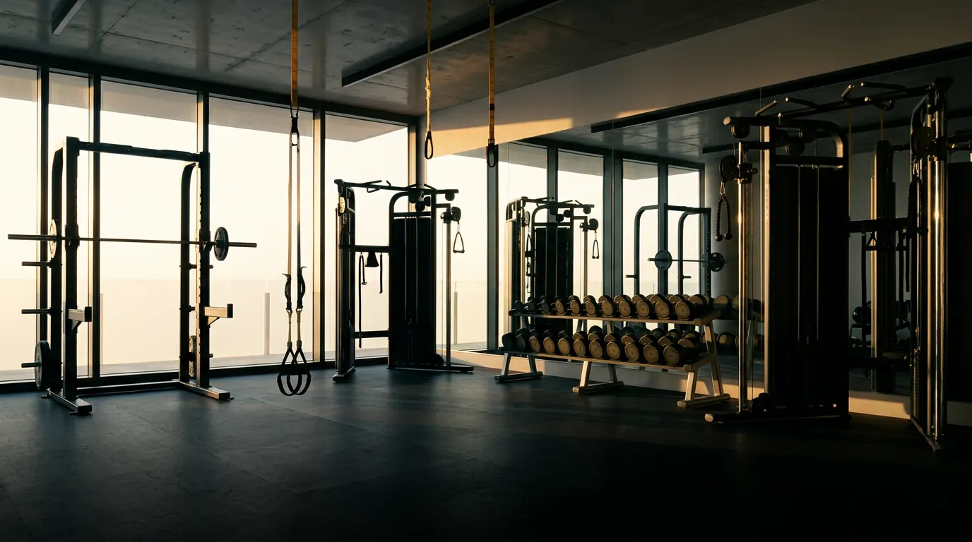 Performance gym with floor-to-ceiling east-facing windows