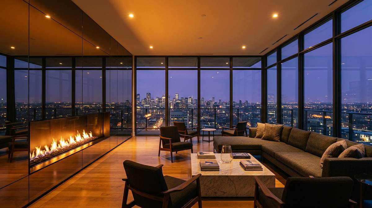 Sky lounge with panoramic glass walls and fireplace