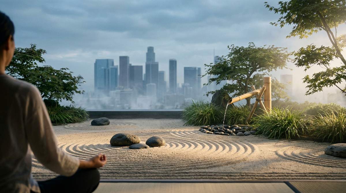 Zen garden terrace with sauna, steam room, and meditation garden