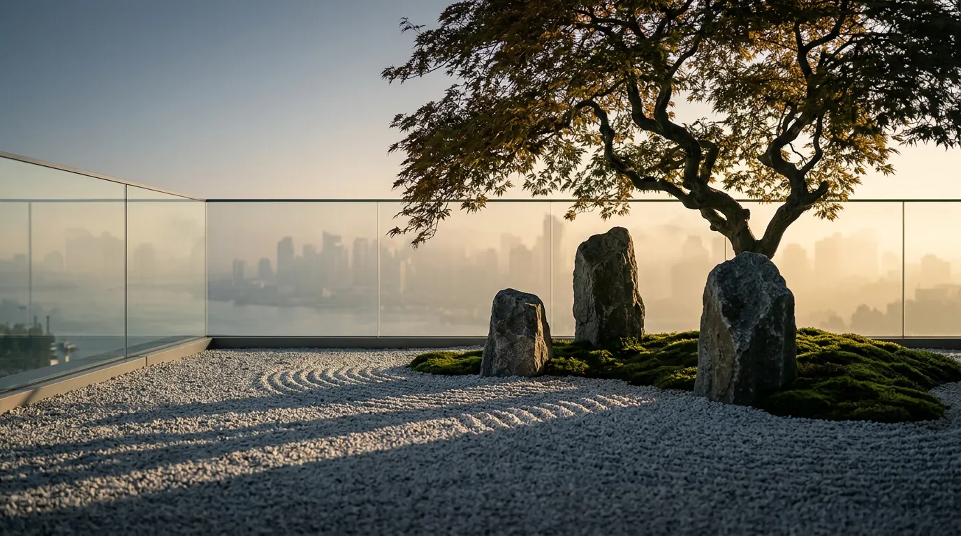 Zen garden terrace with sauna, steam room, and meditation garden