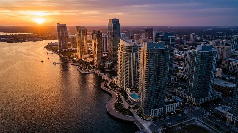Waterfront property investment — aerial view of bay development