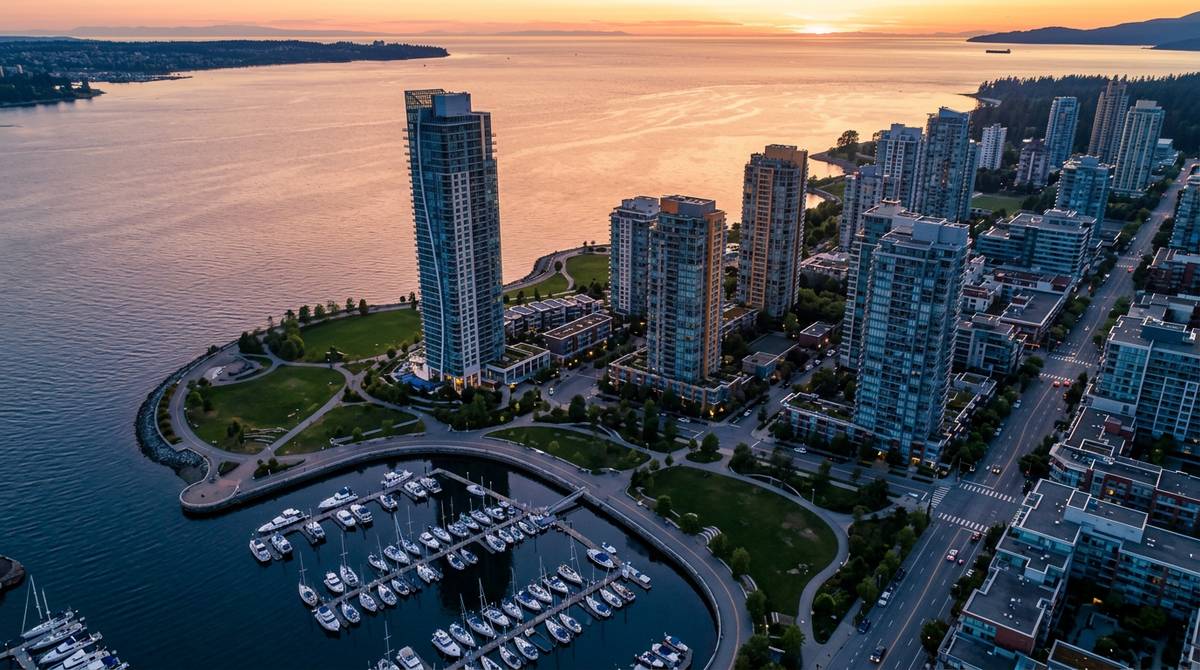 Aerial view of the Elevation Residences waterfront site at golden hour
